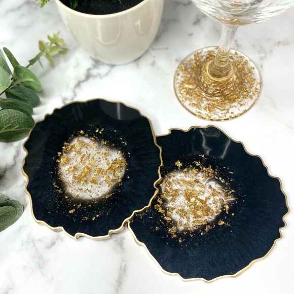 Black and Gold Geode Coasters | Set of 2 Coasters - Picture 3 of 9